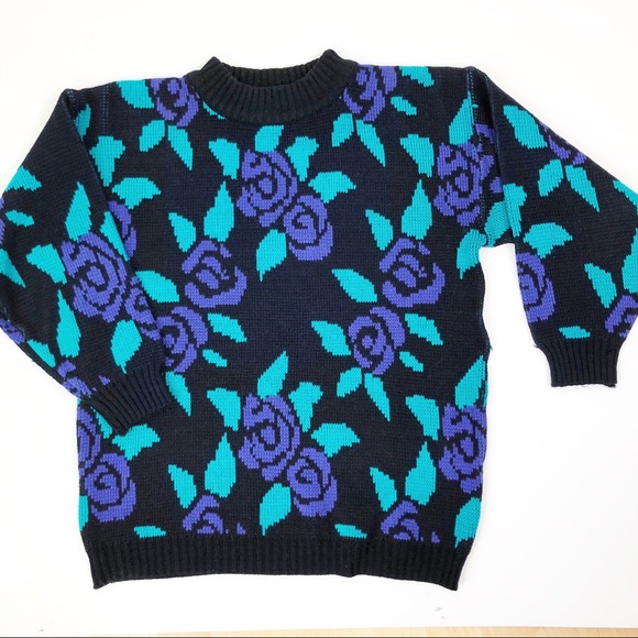 Erika Sweaters - Erika Vintage Purple Rose Crew Neck Sweater Medium 90s Y2K